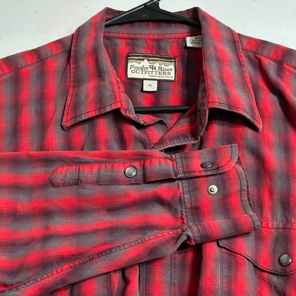 Powder River Outfitters XL Panhandle Slim Red Plaid‎ Western Pearl Snap Shirt